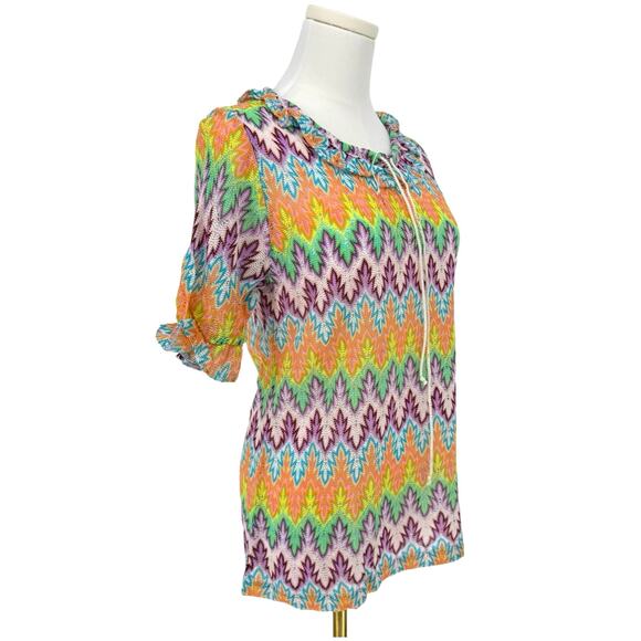 Vintage 1970s Deadstock Helen Sue Neon Chevron Crochet Top M Ruffle Psychedellic - Picture 3 of 5